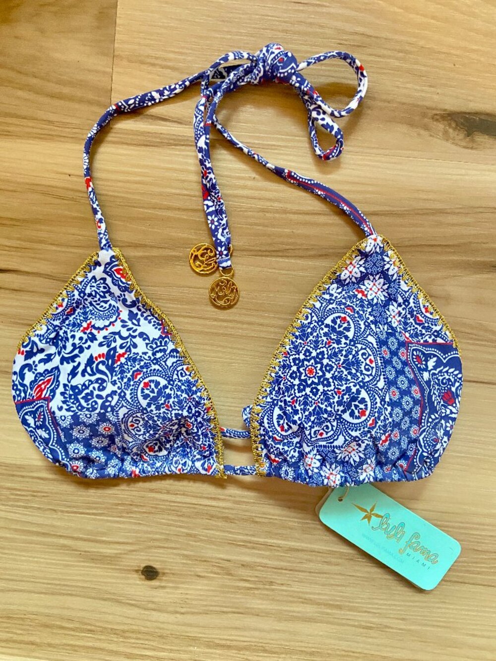 Luli Fama Miami Luxe Stitch Triangle Bikini Swim Top - Americana Vibes ~ S NWT